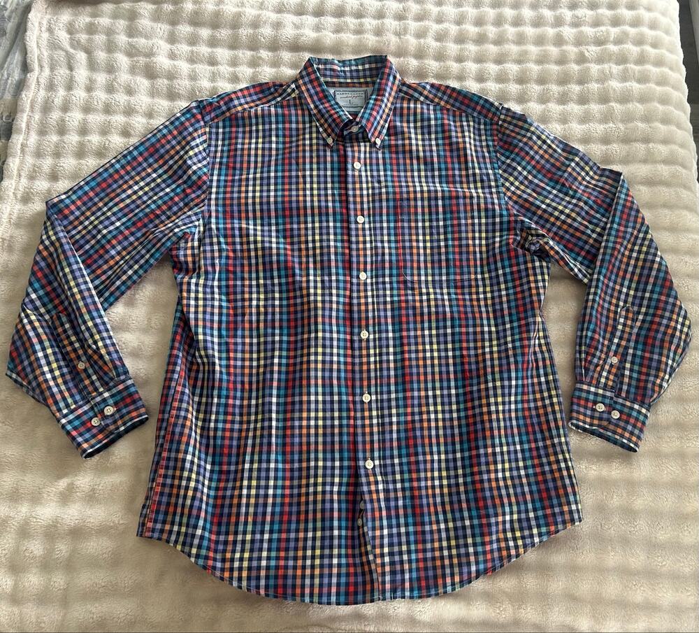 Saddlebred button-up shirt in multi-colored plaid red, blue, and white. Size L.